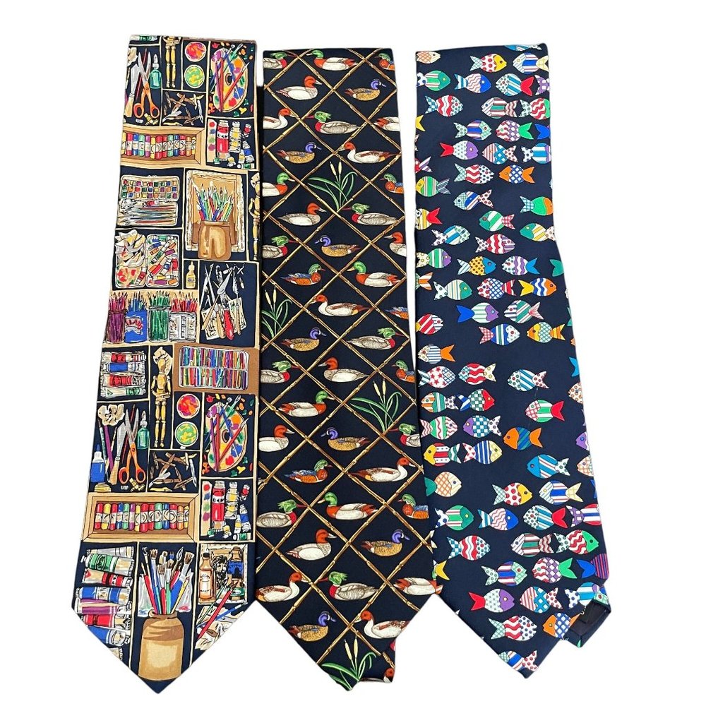 Alynn / Bruce L Robertson Silk Tie Lot Of 3 Fish, Duck & Art Studio, USA Made